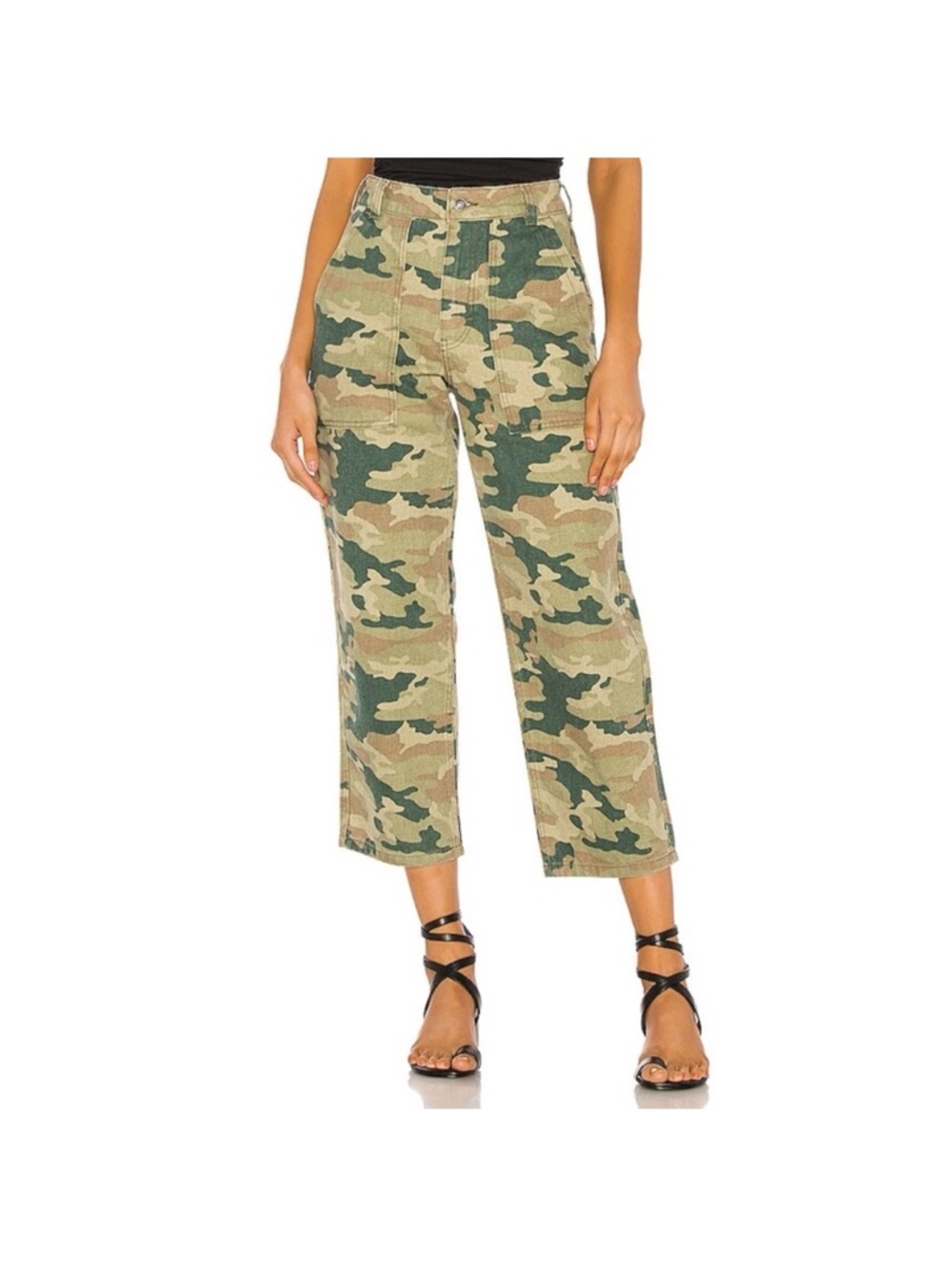 Free People High-Rise Camo Crop Jeans in Green and Tan